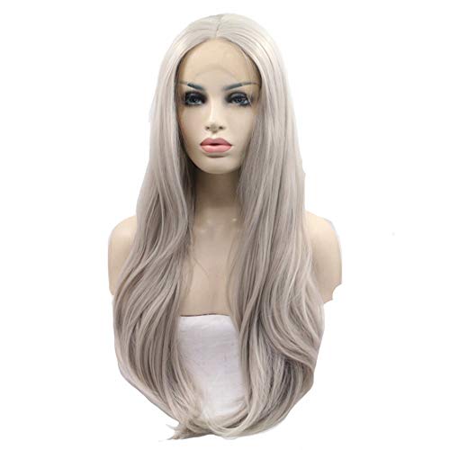 Greenmirr Silver Grau Lace Front Perücke Frauen handgebundenes langes glattes synthetisches Faser-hitzebeständiges Haar 24in von Greenmirr