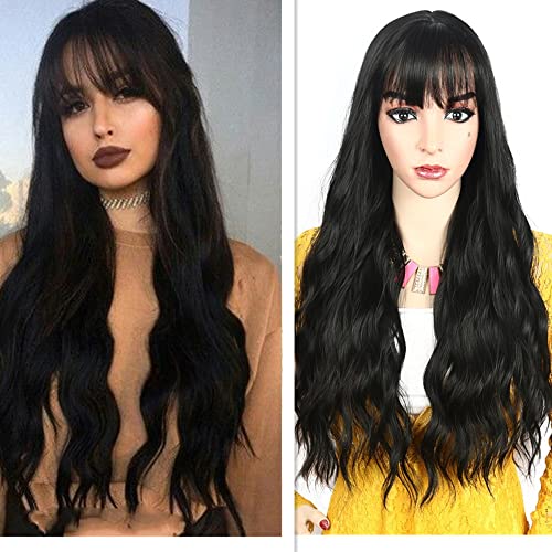Greenmirr Lange Schwarze gewellte Perücke für Frauen einfarbiges natürliches synthetisches Haar mit Pony 24in(Black 1B) von Greenmirr