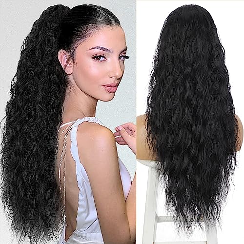 Lange Zopf Lockige Pferdeschwanz Extensions 26in Synthetisch mit Drawsting Pferdeschwanz Extension Haarteil für Frauen (1B Black) von Greenmirr