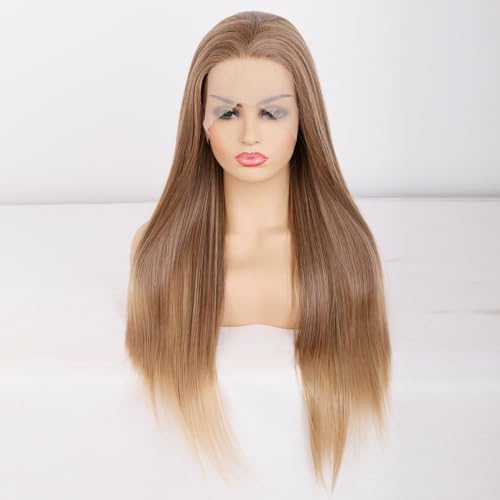 Ombre Braun Blonde Lace Front Perücke 13x4 Lace mit flauschigen Yaki Lange Gerade Synthetische Spitze Perücke für Frauen 24in von Greenmirr