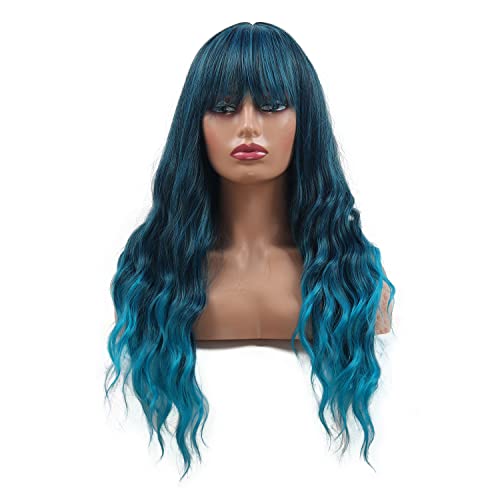 Greenmirr lange gewellte Ombre Grau Blau Perücke für Frauen einfarbiges natürliches synthetisches Haar mit Pony (Ombre Blue) von Greenmirr