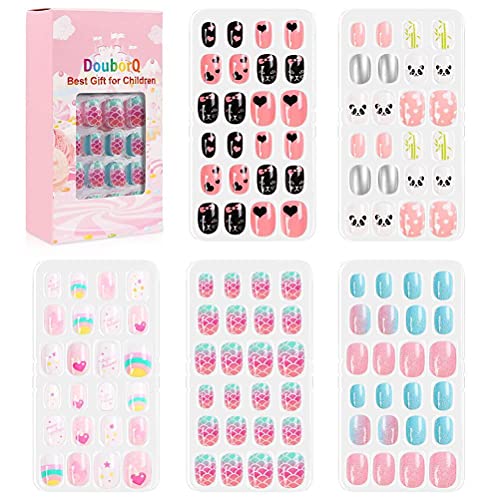 120 Stück 5 Boxen Fake Press on Nails für Kinder Pre-Kleber Full Cover Short False Nail Tips Stick on Nails für Kinder Kinder Schönes Geschenk Mädchen Nail Art Dekoration von Greensen