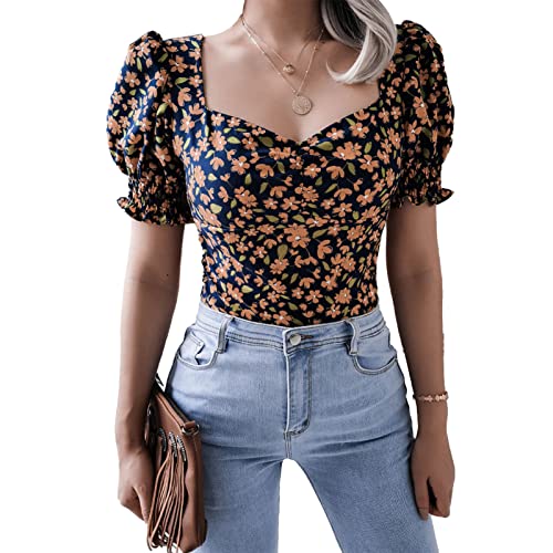 Casual T-Shirt Damen Crop Shirt Tops Bauchfrei Oberteile Tiefe Casual Bluse Lose Top Pullover Cropped Tops Puff Kurzarm Shirt mit Gerüschtem Rücken (L-Gelb) von Greensen