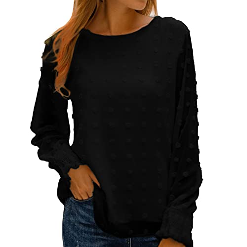 Damen Bluse Rundhals Elegant Langarm Oberteile T-Shirts mit Swiss Dot Tunika Langarmshirt Reine Farbe Tops Locker Rüschen Shirt(XXL-Schwarz) von Greensen