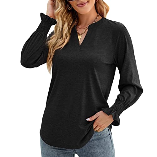 Damen Bluse V-Ausschnitt Rüschen Langarmshirt Elastische Bündchen Top Shirt Langarm Reine Farbe Sweatshirt Lose Lässig Basic Oberteile Pullover(M-Schwarz) von Greensen