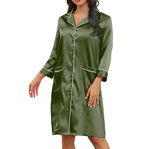 Damen Elegant Nachtwäsche Reine Farbe V-Ausschnitt Nachthemd Knielang Sleepshirt Locker Negligee Sleepwear Schlafhemd mit Taschen(L-OD-Grün) von Greensen