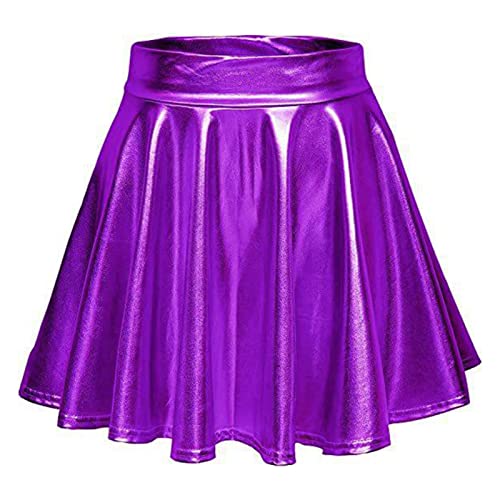 Damen Glänzender Ausgestellter Faltenrock Hohe Taille Falten Retro Skater Minirock Eine Linie Reine Farbe Metallic Glänzend Lässige Rave Disco Dance Party(L-Lila) von Greensen