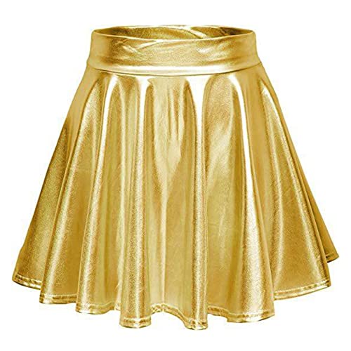 Damen Glänzender Ausgestellter Faltenrock Hohe Taille Falten Retro Skater Minirock Eine Linie Reine Farbe Metallic Glänzend Lässige Rave Disco Dance Party(XL-Gold) von Greensen