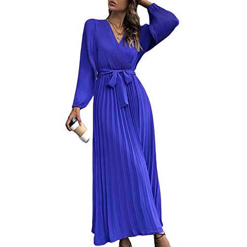 Damen Kleid V-Ausschnitt Langarm Freizeitkleid A-Linie Strandkleider Swing Flowy Loose Casual Rock Ärmel Laternenärmel Partykleid Locker Lässig Kleid mit Gürtel(L-Blau) von Greensen