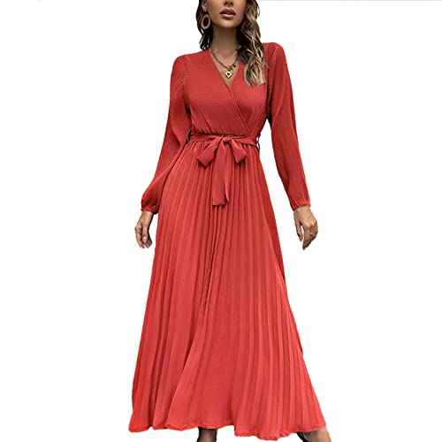 Damen Kleid V-Ausschnitt Langarm Freizeitkleid A-Linie Strandkleider Swing Flowy Loose Casual Rock Ärmel Laternenärmel Partykleid Locker Lässig Kleid mit Gürtel(L-Rot) von Greensen