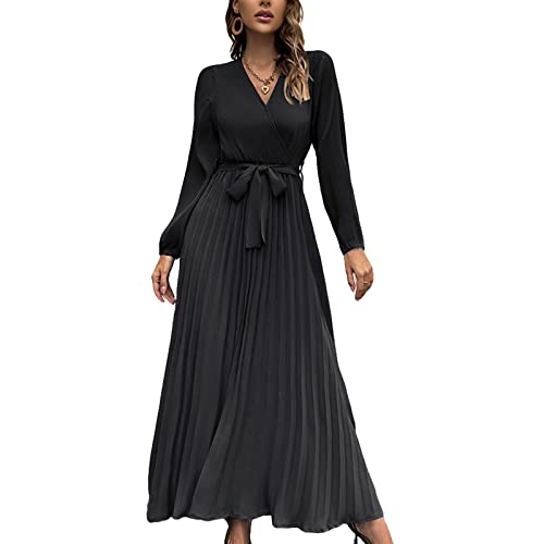 Damen Kleid V-Ausschnitt Langarm Freizeitkleid A-Linie Strandkleider Swing Flowy Loose Casual Rock Ärmel Laternenärmel Partykleid Locker Lässig Kleid mit Gürtel(L-Schwarz) von Greensen