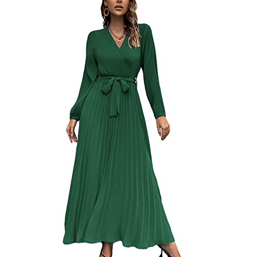 Damen Kleid V-Ausschnitt Langarm Freizeitkleid A-Linie Strandkleider Swing Flowy Loose Casual Rock Ärmel Laternenärmel Partykleid Locker Lässig Kleid mit Gürtel(XXL-Grün) von Greensen