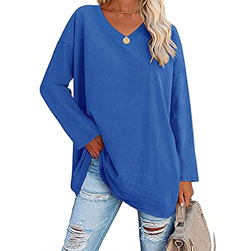 Damen Langarm T-Shirt V-Ausschnitt Locker Lässig Bluse Langarmshirts Pullover Sweatshirt Einfarbiges Oberteil Tops (L-Blau) von Greensen