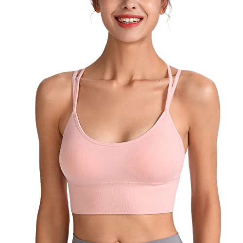 Damen Nahtloser Sport-BH mit Trägern für das Yoga Training Nicht verdrahteter BH mit Abnehmbarer Polsterung Sport-BH Workout Fitness Studio Push Up BH (M-Light Pink) von Greensen