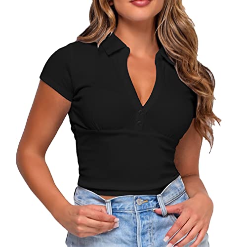 Damen Poloshirt Kurzarm Sexy Tiefer V-Ausschnitt Frauen Kurzes Shirt Tunika Oberteile Casual Kurzarm Polo Shirt (S) von Greensen