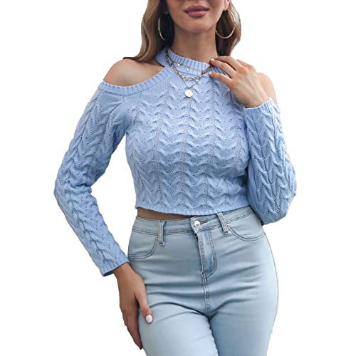 Damen Pullover Schulterfreier Langarm Crop Top Loose Langarmshirt Oberteile Einfarbiges Sweatshirt Freizeit Casual Streetwear Strickpullover(m-Hellblau) von Greensen