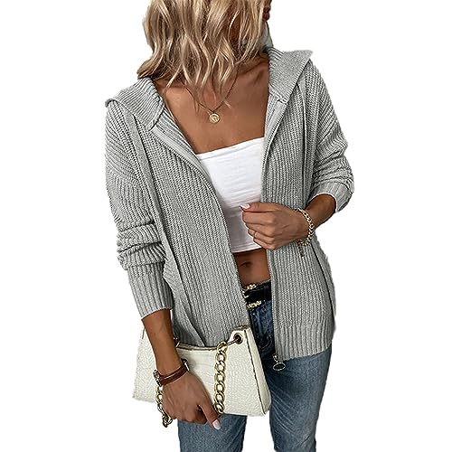 Damen-Sweatshirt mit Langen Ärmeln, Kordelzug, Reißverschluss und Kapuze, Einfarbig, Gestreift, Strickpullover, Jacke mit Taschen (Grau) von Greensen