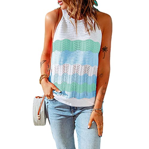 Damen Tank Tops Ärmellose Female Cropped Rib Oberteil Crop Top Tanktop T-Shirt Lose Bluse Sommer Casual Oberteile Weste Farbblock Stylish Top (L-Hellblau) von Greensen