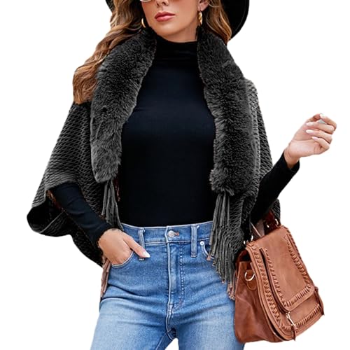 Frauen Winter Pullover Cape Plüsch Kragen Quasten Trim Strickjacke Vorne Offen Gestrickte Schal Wrap Solider, Weicher, Großer Cardigan-Umhang, Langer Mantel (F) von Greensen