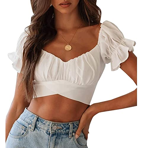 Greensen Crop Top Damen mit Rüschen Schulterfrei Kurzarm Puffärmeln Bluse Bauchfrei Crop-Bluse Sexy Locker Oberteile Tops mit Einreihigem Ausschnitt(L-Weiß) von Greensen