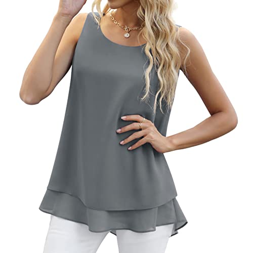 Greensen Damen Bluse, Chiffon Top Ärmellose Blusentop Elegant Bluse Lose Top Rundhals Casual Sommer Tops Einfarbig Kurzarm Oberteile Locker Tops Baumwolle Kurzarm Crop Tops Damen(L-Grau) von Greensen