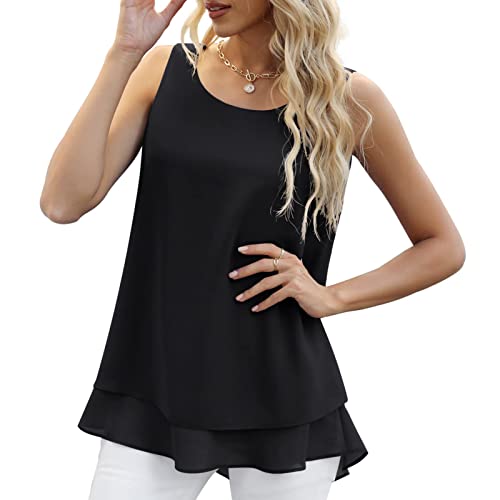 Greensen Damen Bluse, Chiffon Top Ärmellose Blusentop Elegant Bluse Lose Top Rundhals Casual Sommer Tops Einfarbig Kurzarm Oberteile Locker Tops Baumwolle Kurzarm Crop Tops Damen(L-Schwarz) von Greensen