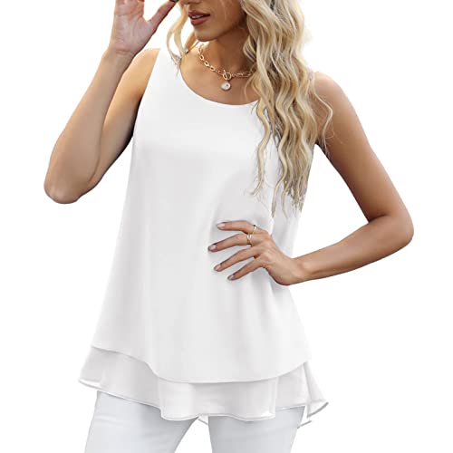 Greensen Damen Bluse, Chiffon Top Ärmellose Blusentop Elegant Bluse Lose Top Rundhals Casual Sommer Tops Einfarbig Kurzarm Oberteile Locker Tops Baumwolle Kurzarm Crop Tops Damen(S-Weiß) von Greensen