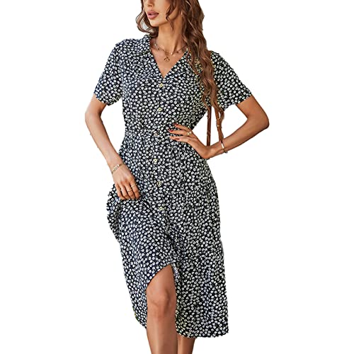 Greensen Damen Elegant Sommerkleider V-Ausschnitt Kleid Hohe Taille Maxikleid Partykleid Lange Strandkleider Sommer Freizeitkleid(L-Schwarz) von Greensen