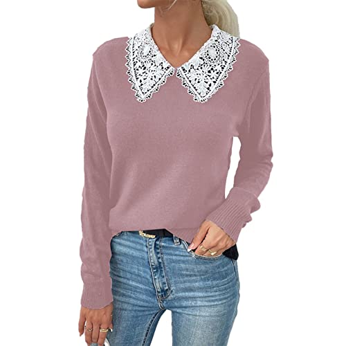 Greensen Damen Elegant Strickpullover Rundhals Reine Farbe Pullover Casual Sweatshirt mit Spitzenkragen Einfarbig Outwear Oberteil Tops (L-Rosa) von Greensen