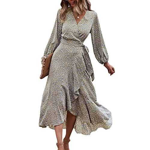 Greensen Damen Floral Langarm Kleid Damen Wickelkleid Boho Kleid Langarm Maxikleider Polka Dot Strandkleid V-Ausschnitt Blumenkleid, Kleid mit Blumenmuster Taillenriemen(L-Khaki) von Greensen