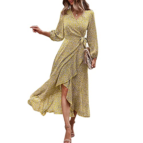 Greensen Damen Floral Langarm Kleid Damen Wickelkleid Boho Kleid Langarm Maxikleider Polka Dot Strandkleid V-Ausschnitt Blumenkleid, Kleid mit Blumenmuster Taillenriemen(m-Gelb) von Greensen