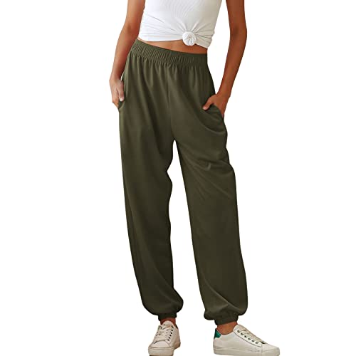 Greensen Damen Freizeit Hose Casual Elastische Trainingshose Einfarbig Freizeithose Elastische Taille Lange Jogginghose (S-Armeegrün) von Greensen