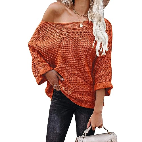 Greensen Damen Gestrickte Pullover Elegant Einfarbig Strickpullover One Shoulder Oberteil mit Fledermausärmel Schulterfrei Casual Sweater (XXL) von Greensen