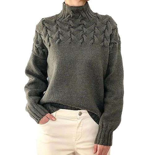 Greensen Damen Gestrickte Pullover Elegant Kabel Rollkragenpullover Drop Shoulder Strickpullover Lose Einfarbig Casual Sweater (2XL) von Greensen