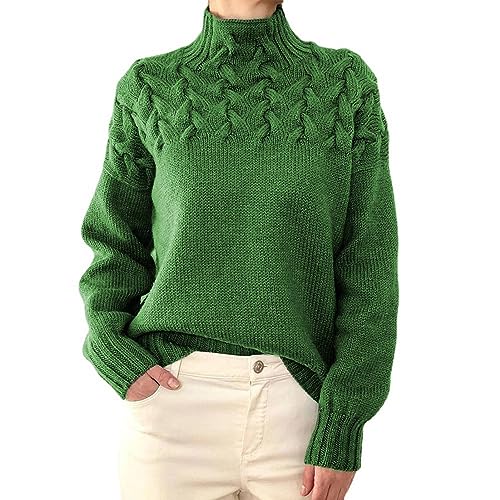 Greensen Damen Gestrickte Pullover Elegant Kabel Rollkragenpullover Drop Shoulder Strickpullover Lose Einfarbig Casual Sweater (2XL) von Greensen