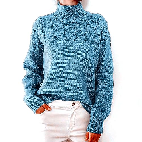 Greensen Damen Gestrickte Pullover Elegant Kabel Rollkragenpullover Drop Shoulder Strickpullover Lose Einfarbig Casual Sweater (M) von Greensen