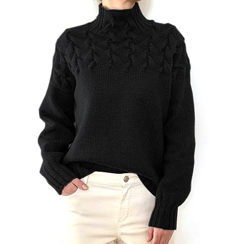 Greensen Damen Gestrickte Pullover Elegant Kabel Rollkragenpullover Drop Shoulder Strickpullover Lose Einfarbig Casual Sweater (S) von Greensen