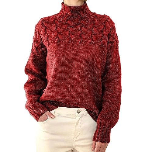 Greensen Damen Gestrickte Pullover Elegant Kabel Rollkragenpullover Drop Shoulder Strickpullover Lose Einfarbig Casual Sweater (XL) von Greensen