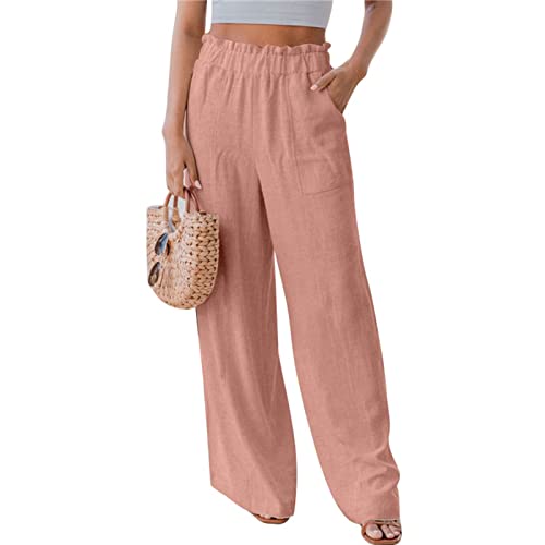 Greensen Damen Hose mit Kordelzug Weitem Bein Yogahose Lounge Locker Lässig Reine Farbe Freizeithose Elastische Volant Taille mit Tasche(3XL-Rosa) von Greensen