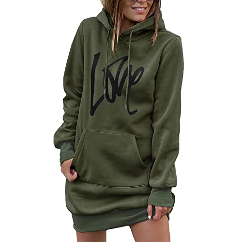 Greensen Damen Kapuzen Sweatshirt Langarm Pullover Hoodie Kleid Lässig Rippstrick Bündchen Pullover Kordelzug Leicht Bedruckt mit Tasche Knielang(S-OD-Grün) von Greensen