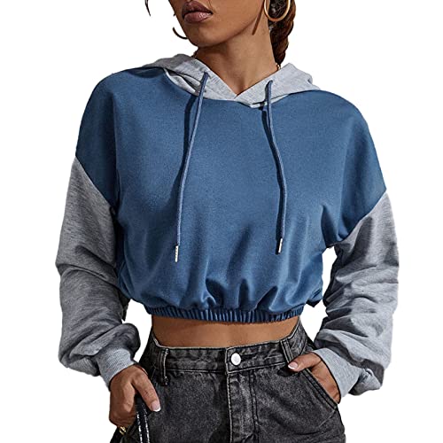 Greensen Damen Kapuzenpullover Kurz Crop Top Hoodie Langarm Lose Lässige Sweatshirt Farbblock Elastischer Pullover mit Kapuze(L-Pfauenblau) von Greensen