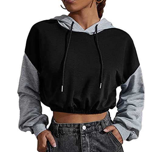 Greensen Damen Kapuzenpullover Kurz Crop Top Hoodie Langarm Lose Lässige Sweatshirt Farbblock Elastischer Pullover mit Kapuze(M-Schwarzgrau) von Greensen