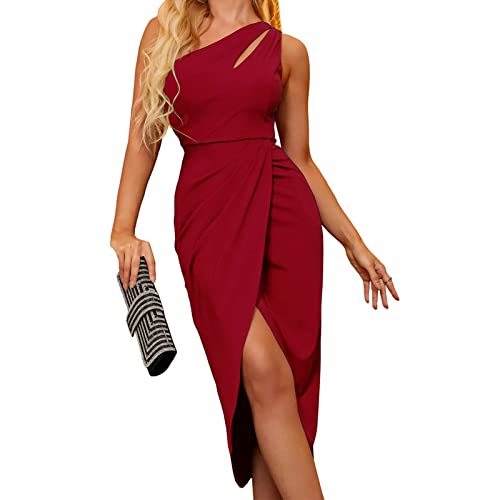 Greensen Damen Kleid, Elegant One Shoulder Sommerkleid Hohe Taille Rückenfrei ärmellos Partykleid Cocktailkleid Strandkleider Casual für Party Beach Kleid(m-Weinrot) von Greensen