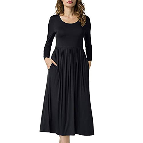 Greensen Damen Kleid Langarm Einfarbiges Elegant Damenkleid Freizeitkleid mit Rundhalsausschnitt Casual Kleid mit Taschen(L-Schwarz) von Greensen