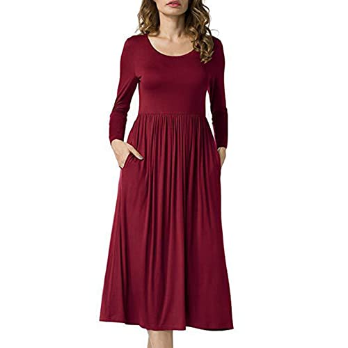 Greensen Damen Kleid Langarm Einfarbiges Elegant Damenkleid Freizeitkleid mit Rundhalsausschnitt Casual Kleid mit Taschen(XL-Weinrot) von Greensen