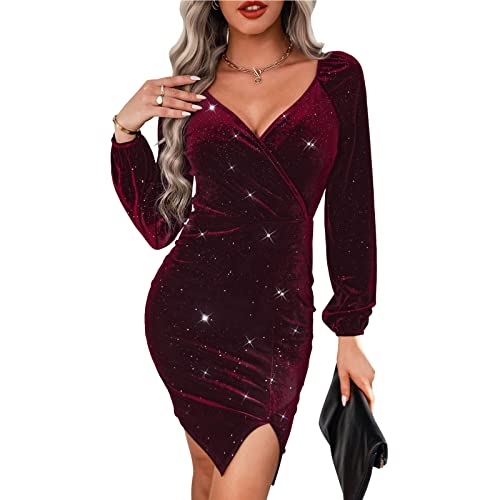 Greensen Damen Kleid Wrap Elegant V-Ausschnitt Kleid Langarm Samtkleid Split Saum Glitzer Mode Kleid Knielang Einfarbiges Kleid für Cocktail Party Club(XL-Weinrot) von Greensen