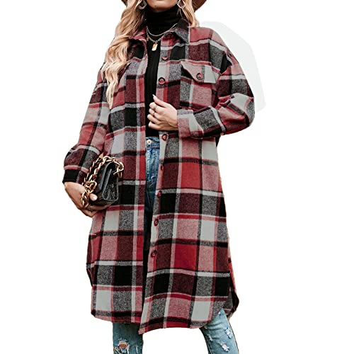 Greensen Damen Lange Flanell Karierte Hemden Damen Beiläufig Karrierte Langarm Bluse Revers Button Down Jacke Oversized Hemdbluse für Frauen Mädchen(L-rot) von Greensen