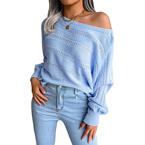 Greensen Damen Off-Shoulder Pullover Cutout Drop Schulter Strickpullover Übergroßer Langarm Pullover Top Lose Lässig Mode Pullover Pullover(M-Blau) von Greensen