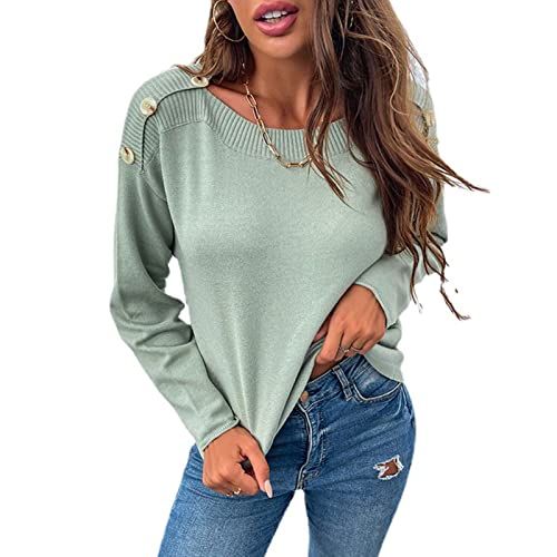 Greensen Damen Pullover Rundhals Einfarbig Strickpullover Elegant Basic Langarmshirt Sweatshirt Winter Dünn Strickpullover(L(80)-Erbsengrün) von Greensen