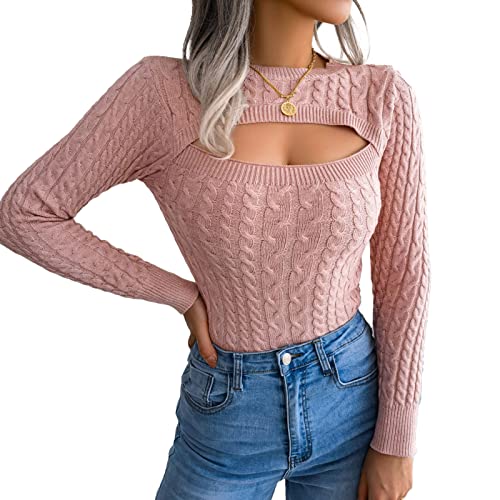 Greensen Damen-Pullover mit Frontausschnitt, Eleganter Pullover, Reine Farbe, Bequeme Strickwaren, Pullover, Rundhalsausschnitt, Langarm-Pullover(m-rosa) von Greensen